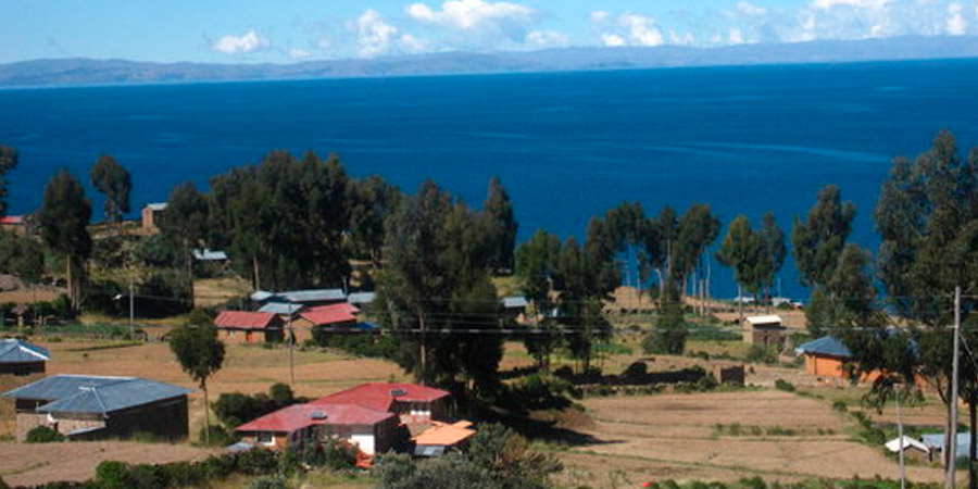 Houses on the island of Amantani on the Titicaca lake