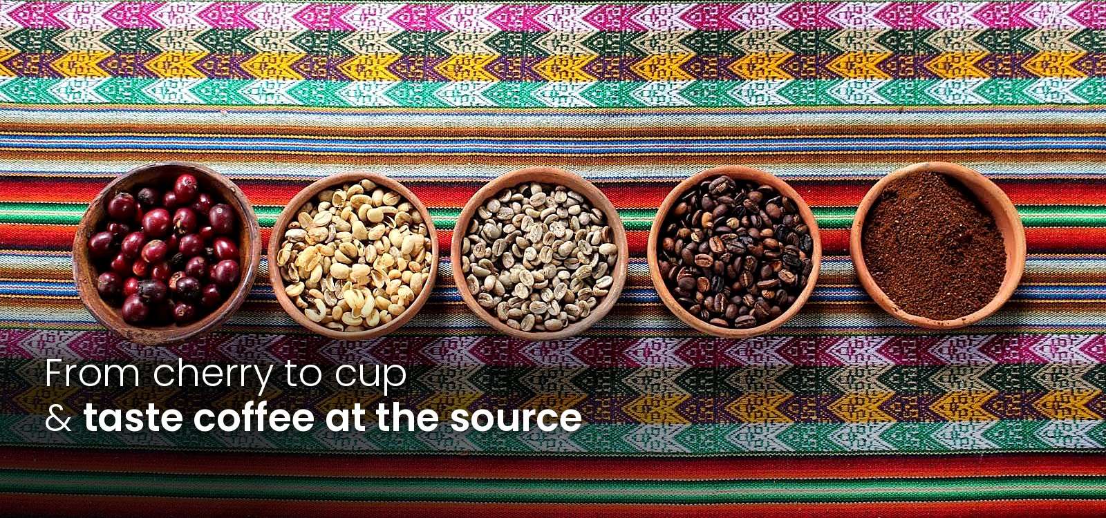 Coffee from cherry to cup in clay bowls on an Andean textile, Peru